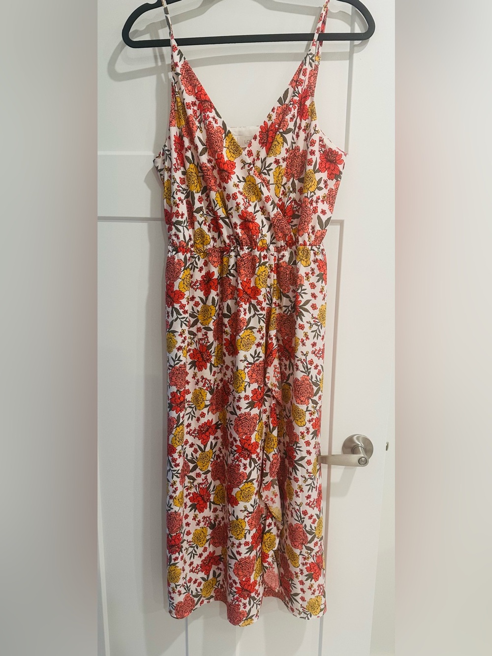 LOFT White Floral Midi Dress with Coral and Yellow Flowers